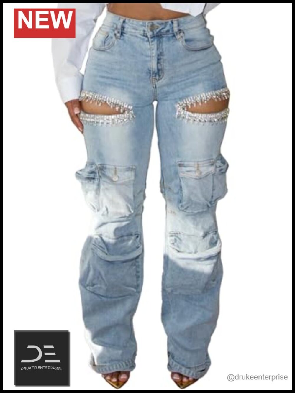 High Waisted Rhinestones Wide Leg Jeans Baggy Cargo Pants